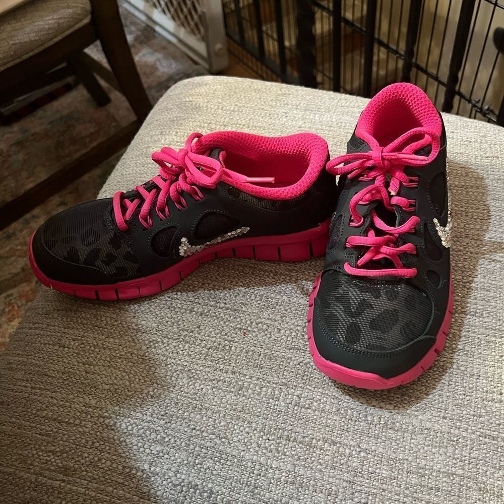 Nike girls size 5Y leopard and Barbie pink shoes with Swarovski crystals